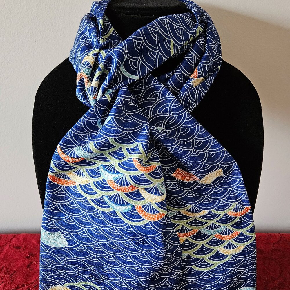 Japanese Kimono Scarf S4319 - Royal Blue Poly with Waves